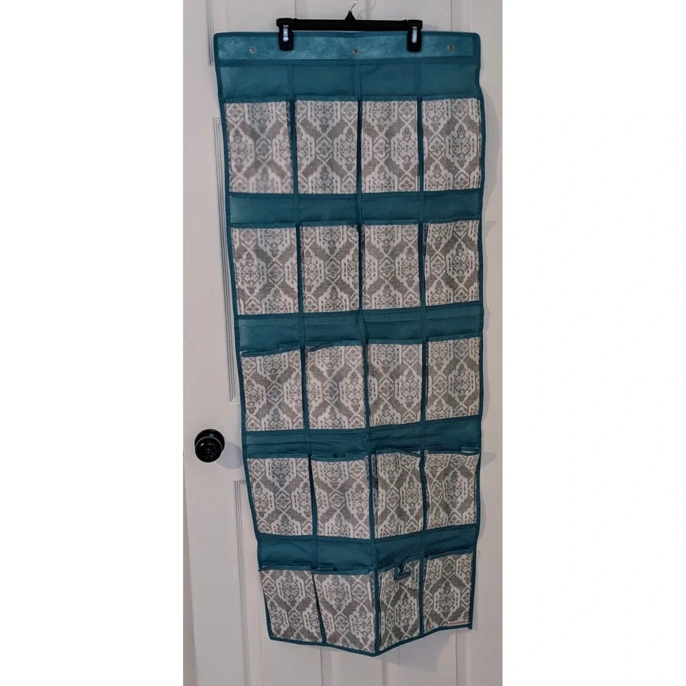 CLOSET CANDIE OVER THE DOOR 20 POCKET SHOE ORGANIZER BLUE‎ GRAY WHITE NWOT